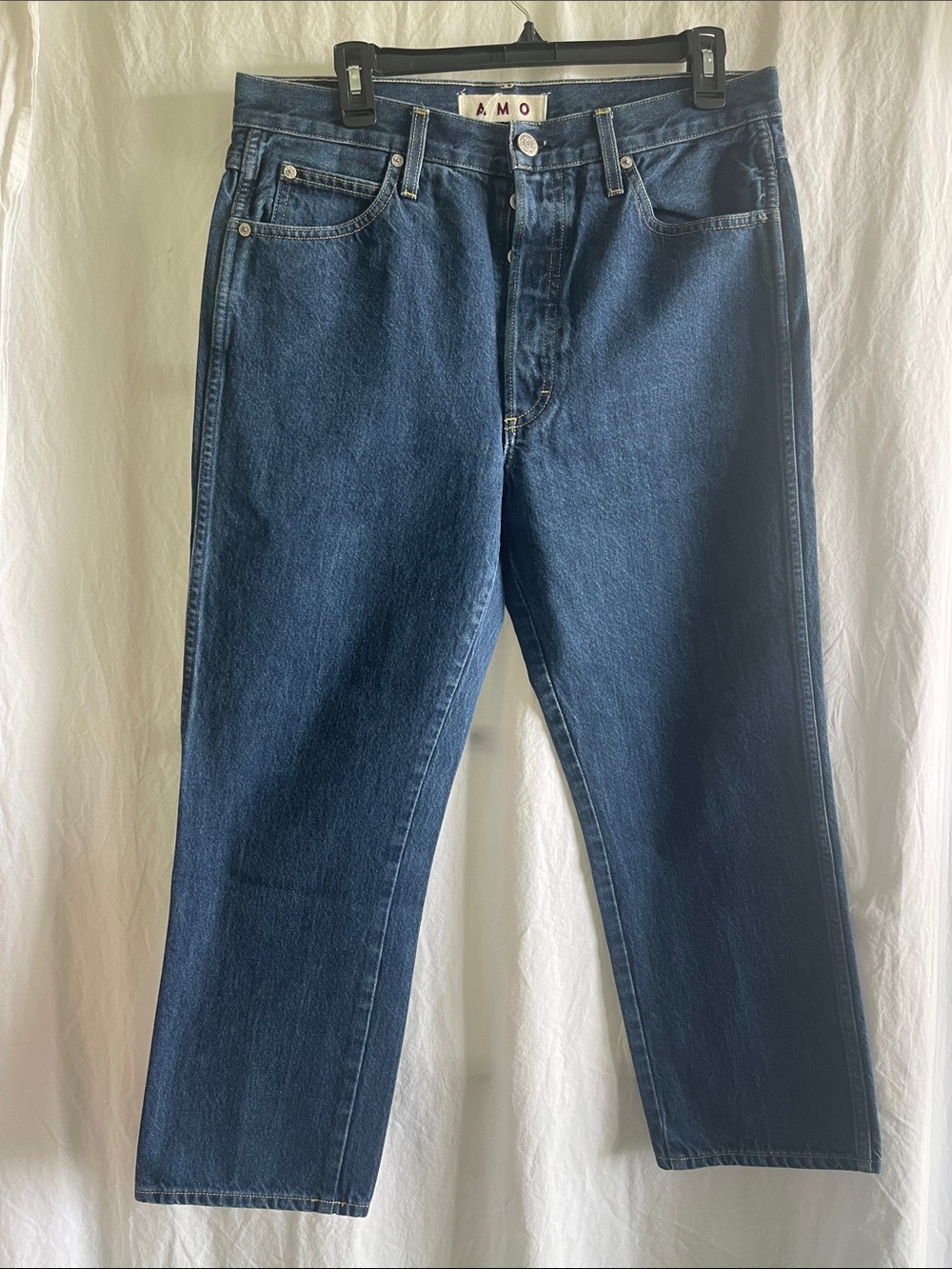 AMO High-Rise Straight Jeans in Dark Blue Denim